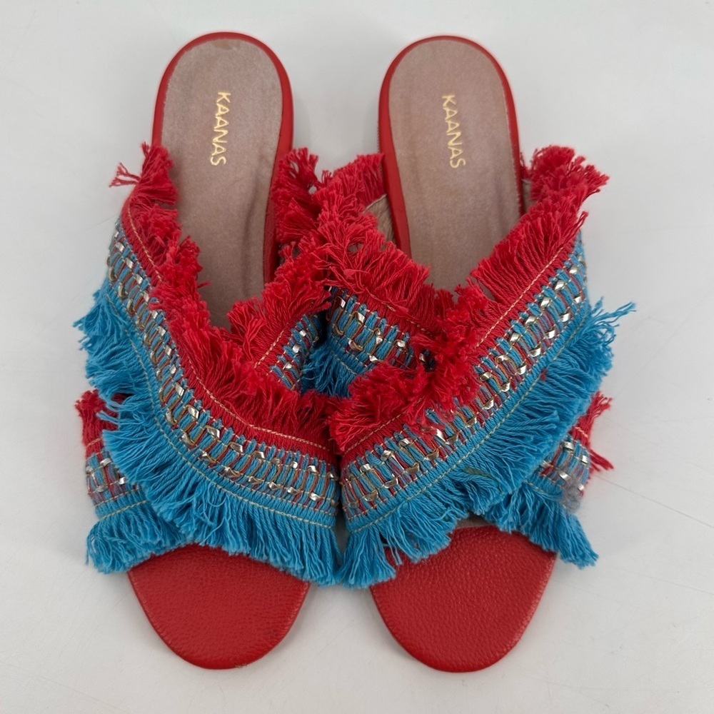Johnny Was Red and Turquoise Fringe Slide Sandals - Picture 2 of 3
